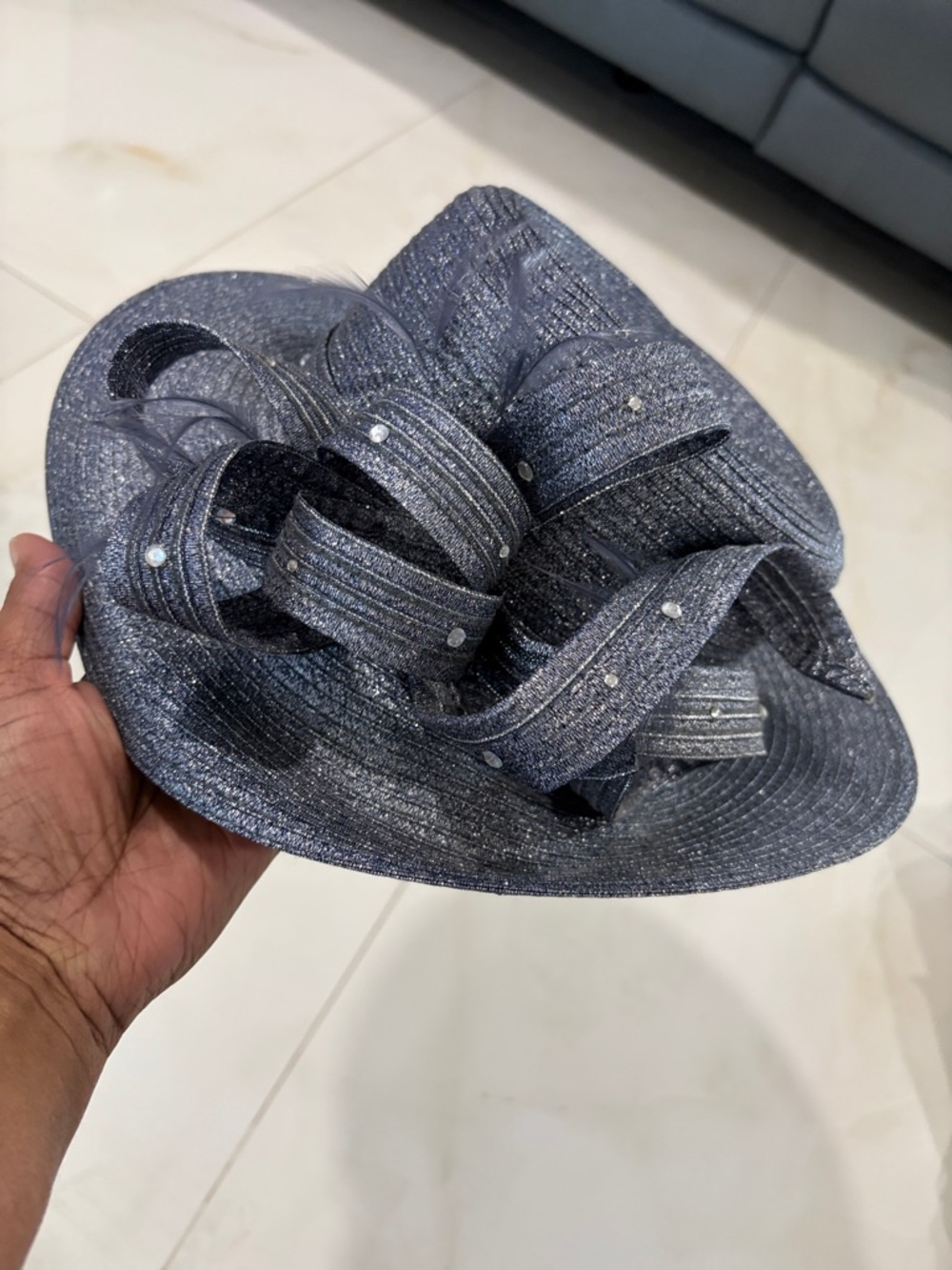 Elegant Women's Navy Blue Decorative Hat with Rhinestone Accents